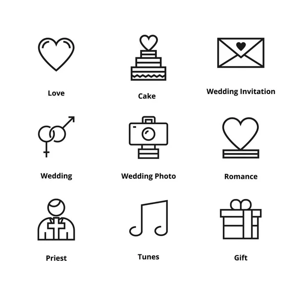 9 ícones de linha de casamento — Vetor de Stock