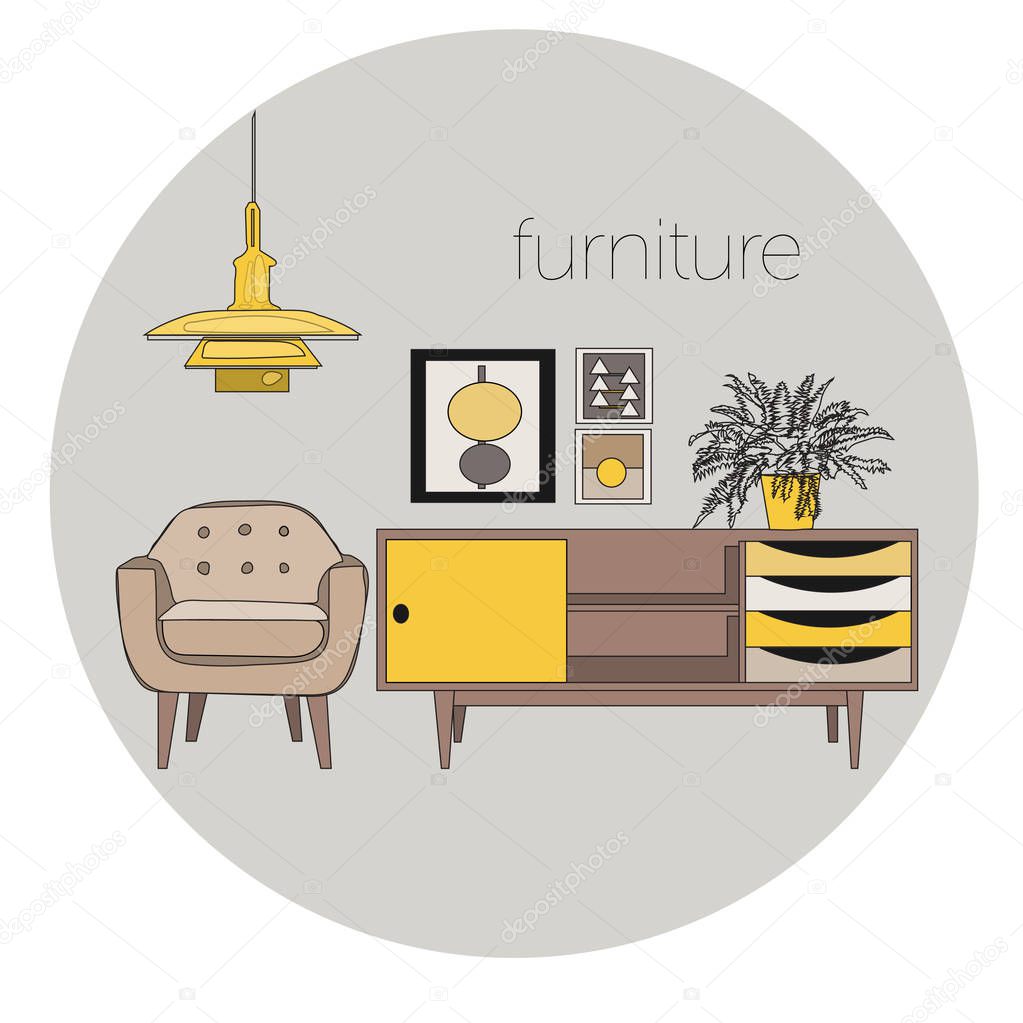 Interior design illustration. living room elements. hand drawn. mid century modern.