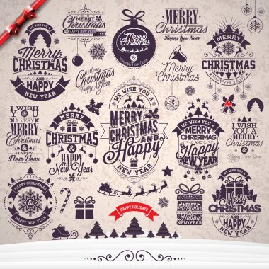 Tipografik Tasarım kış manzara arka plan üzerinde kümesi ile vektör neşeli Noel tatili ve mutlu yeni yıl çizim.