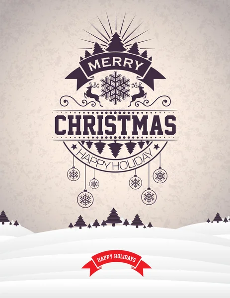 Векторные весёлые рождественские праздники и новогодняя иллюстрация с типографическим дизайном и снежинками на фоне зимнего пейзажа . — стоковый вектор