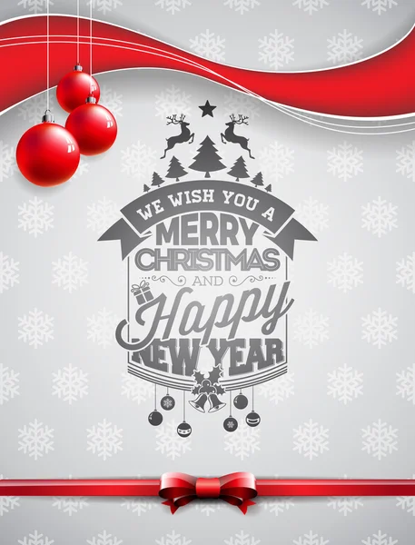 Vector Merry Christmas Holiday en Happy New Year illustratie met typografische ontwerp en glas ballen op sneeuwvlokken achtergrond. — Stockvector