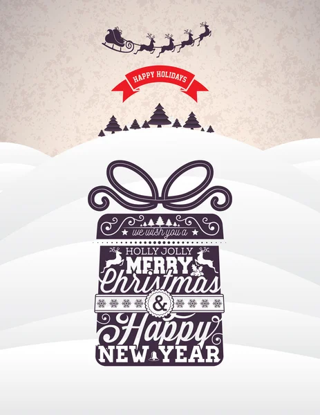 Vector Feliz Navidad y Feliz Año Nuevo ilustración con diseño tipográfico y copos de nieve en el fondo del paisaje de invierno . — Vector de stock