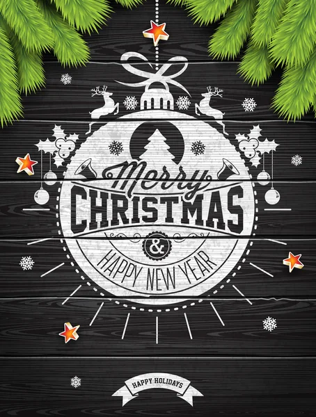 Tipográfiai tervezés és a wintage fa háttér hópelyhek illusztráció vektor boldog karácsonyi ünnepeket és boldog új évet. — Stock Vector