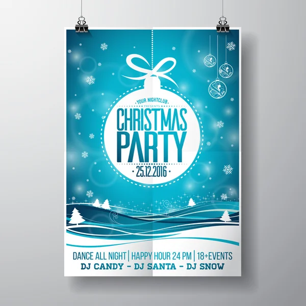 Vector Merry Christmas Party design avec des éléments de typographie de vacances et des boules de verre sur fond de paysage hivernal . — Image vectorielle