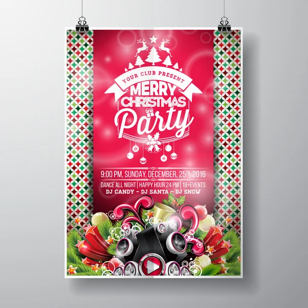 Merry Christmas Party design s dovolenou typografie prvky a reproduktory na lesklém pozadí vektor. — Stockový vektor