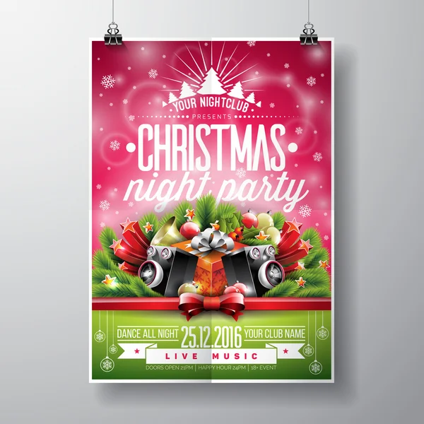 Vector Merry Christmas Party design con elementi tipografici natalizi e altoparlanti su sfondo lucido . — Vettoriale Stock