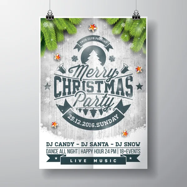 Vector Merry Christmas Party design con elementi tipografici natalizi e stelle lucenti su fondo vintage in legno . — Vettoriale Stock