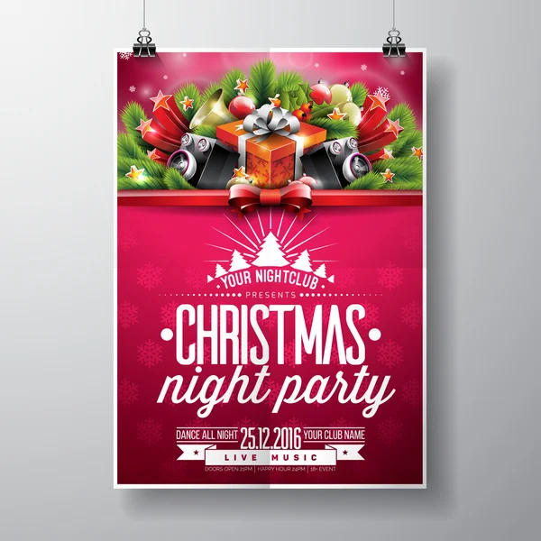 Merry Christmas Party design s dovolenou typografie prvky a reproduktory na lesklém pozadí vektor. — Stockový vektor