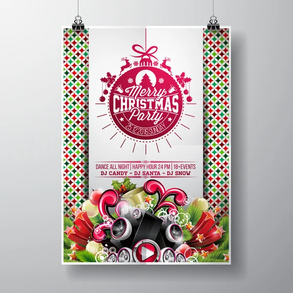 Merry Christmas Party design s dovolenou typografie prvky a reproduktory na lesklém pozadí vektor. — Stockový vektor