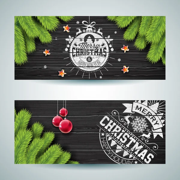 Vektorové ilustrace banner Merry Christmas s typografie design a borové větve stromu na vinobraní dřevěné pozadí. — Stockový vektor