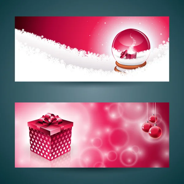 Vector Merry Christmas banner illustration with gift box and magic snow globe on red background. — Stock Vector