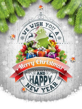 Antika ahşap arka plan üzerinde öğeleri tipografi ve tatil ile Merry Christmas illüstrasyon vektör.