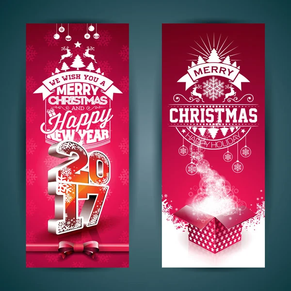Vector Feliz Navidad banner ilustración con caja de regalo y 2017 símbolo sobre fondo rojo . — Archivo Imágenes Vectoriales