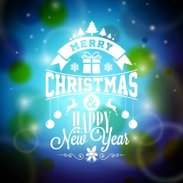 Vettore Buon Natale illustrazione con disegno tipografico su sfondo blu lucido . — Vettoriale Stock