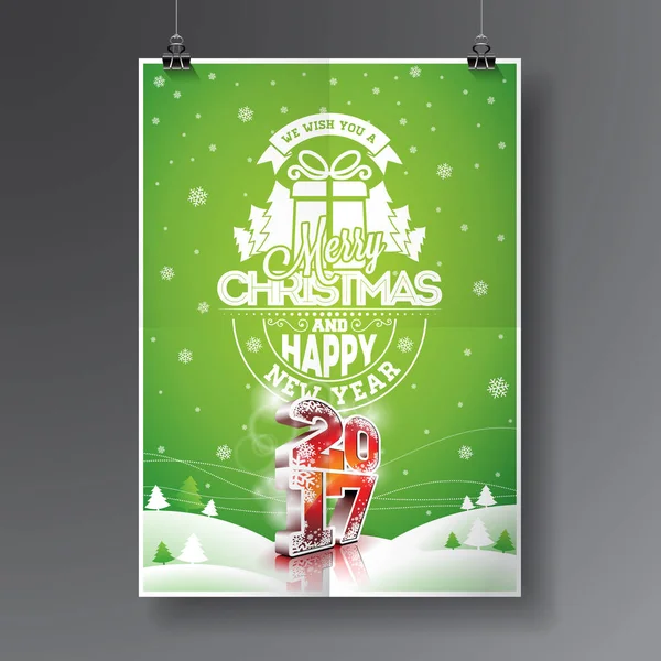 Vector Feliz Navidad y Feliz Año Nuevo 2017 ilustración con diseño tipográfico y copos de nieve en el fondo del paisaje de invierno . — Vector de stock