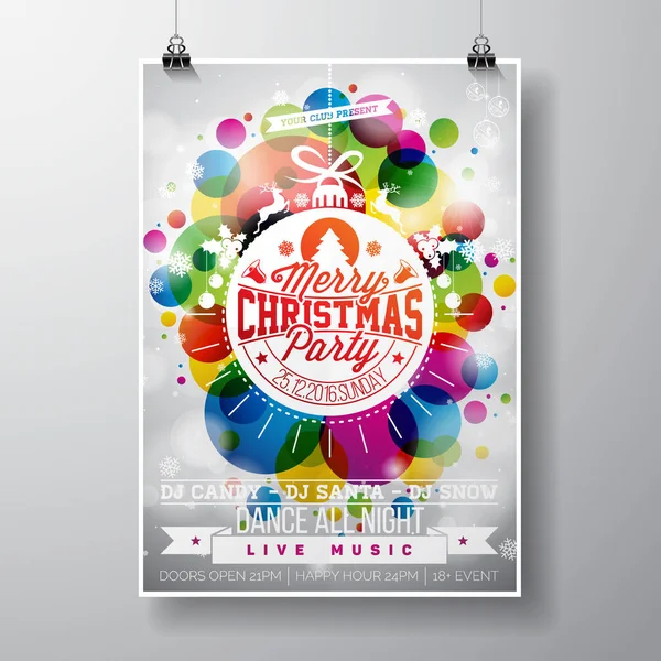 Merry Christmas Party ilustracja z typografii wakacje projektuje w piłkę streszczenie szkło na błyszczący kolor tła. — Wektor stockowy