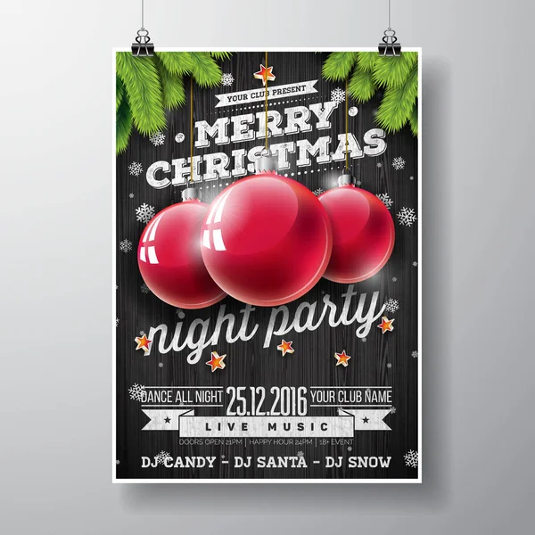 Vektor Merry Christmas Party Design mit Feiertags-Typografie-Elementen und Glaskugeln auf Vintage-Holzhintergrund. — Stockvektor