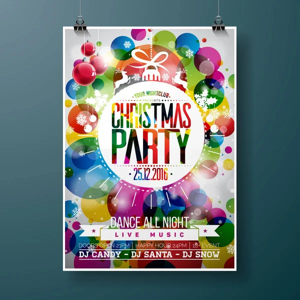 Merry Christmas Party illustration with holiday typography designs in abstract glass ball on shiny color background. — Stock Vector
