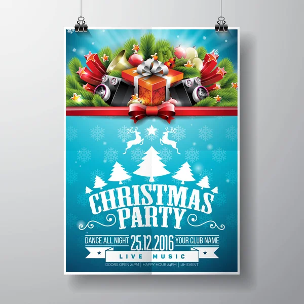 Vector Feliz Natal Party design com elementos de tipografia de férias e alto-falantes em fundo brilhante . — Vetor de Stock