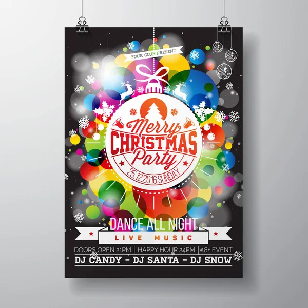 Feliz fiesta de Navidad ilustración con diseños de tipografía navideña en bola de vidrio abstracto sobre fondo de color brillante . — Archivo Imágenes Vectoriales