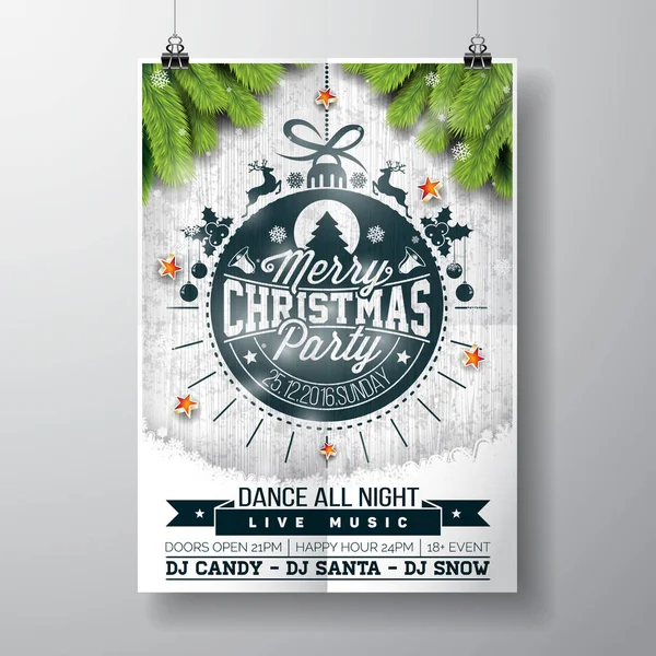 Vector Feliz Navidad Diseño de fiesta con elementos de tipografía navideña y estrellas brillantes sobre fondo de madera vintage . — Vector de stock