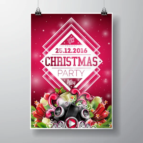 Vector Merry Christmas Party design con elementi tipografici natalizi e altoparlanti su sfondo lucido . — Vettoriale Stock