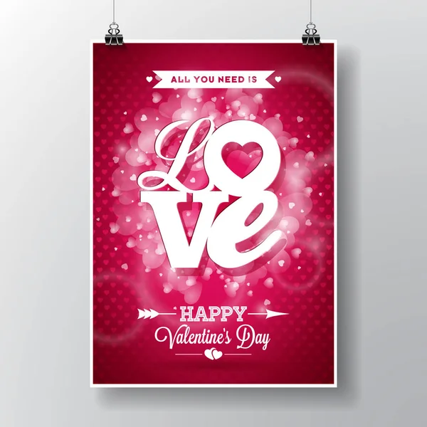 Vector Flyer illustration on a Valentine's Day theme with Love typographic design on shiny red background. — Stock Vector