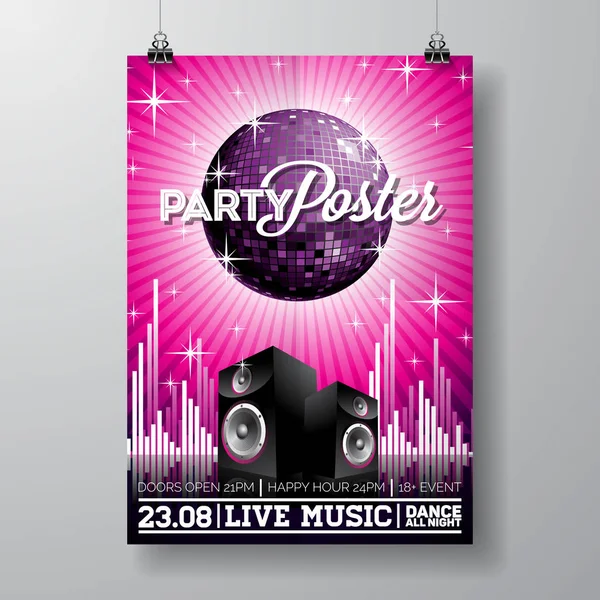 Vektor Party Flyer Design mit Musik-Elementen auf violettem Hintergrund. Lautsprecher und Discokugel. — Stockvektor