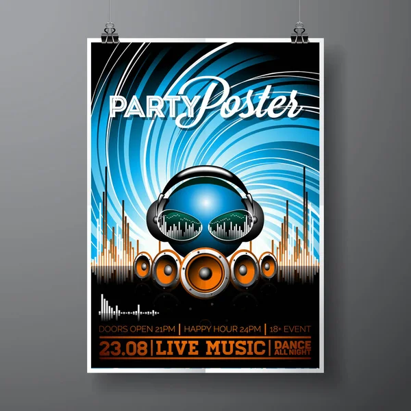 Vektor Party Flyer Design s prvky hudby na modrém pozadí. Reproduktory a sluchátka. — Stockový vektor