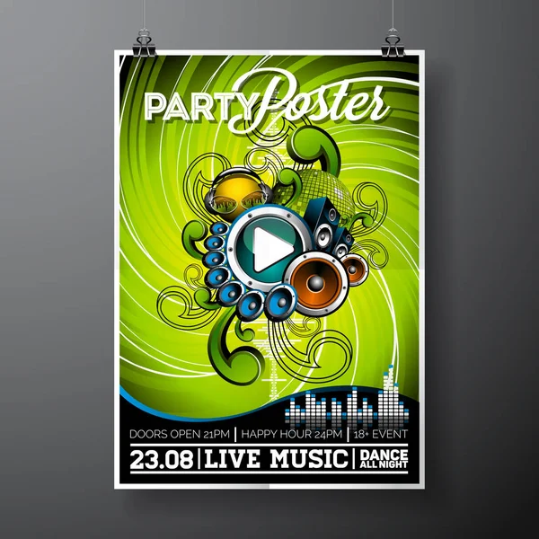 Vektor Party Flyer Design mit Musik-Elementen auf Grunge-Hintergrund. — Stockvektor