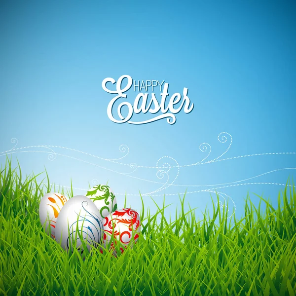 Vector Easter holiday Illustration with painted eggs on grass background.