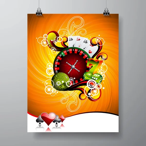 Vektor Party Flyer Design auf einem Casino-Thema mit Roulette-Rad auf Grunge-Hintergrund. — Stockvektor