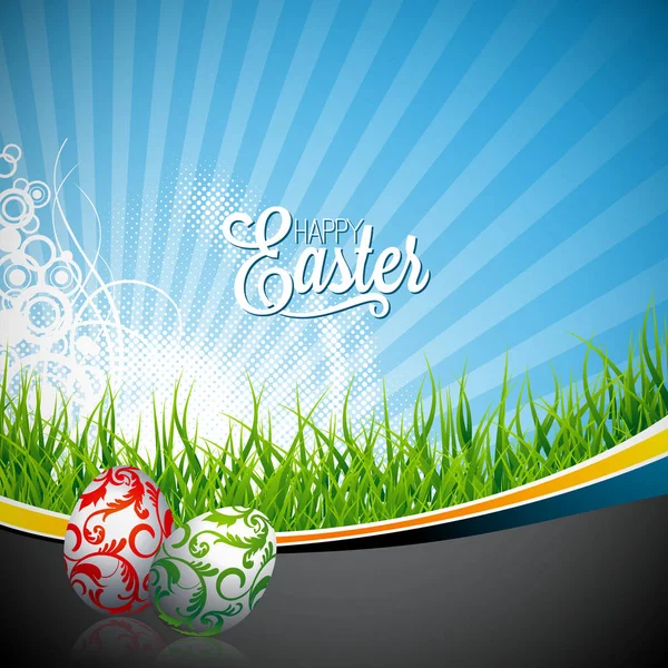 Vetor feriado de Páscoa Ilustração com ovos pintados no fundo da primavera . — Vetor de Stock
