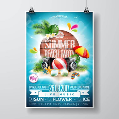 Vektör yaz plaj partisi el ilanı tasarım ahşap doku arka plan üzerinde tipografik elemanları ile. Yaz doğa çiçek öğeleri ve güneş gözlüğü.