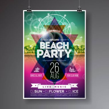 Vektör yaz plaj partisi el ilanı tasarımı ile cennet ada okyanus manzara arka plan üzerinde.