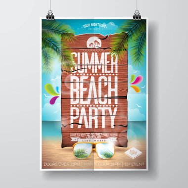 Vektör yaz plaj partisi el ilanı tasarım ahşap doku arka plan üzerinde tipografik elemanları ile. Yaz doğa çiçek öğeleri ve güneş gözlüğü.