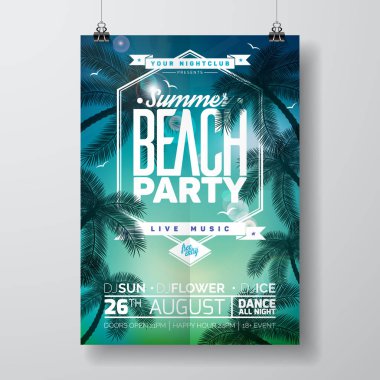 Vektör yaz plaj partisi el ilanı tasarımı palmiye ağaçları ile doğa arka plan üzerinde baskı tasarım ile.