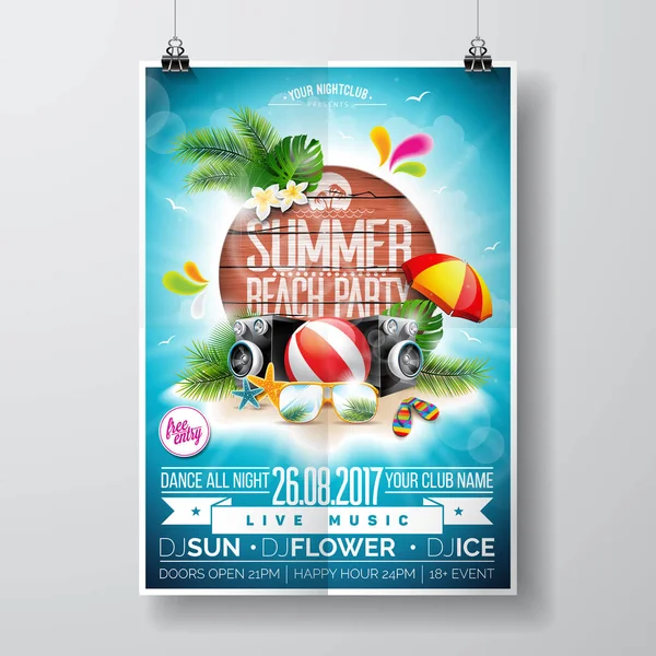Vektor Sommer Beachparty Flyer Design mit typografischen Elementen auf Holz Textur Hintergrund. Sommer Natur Blumenelemente und Sonnenbrille. — Stockvektor