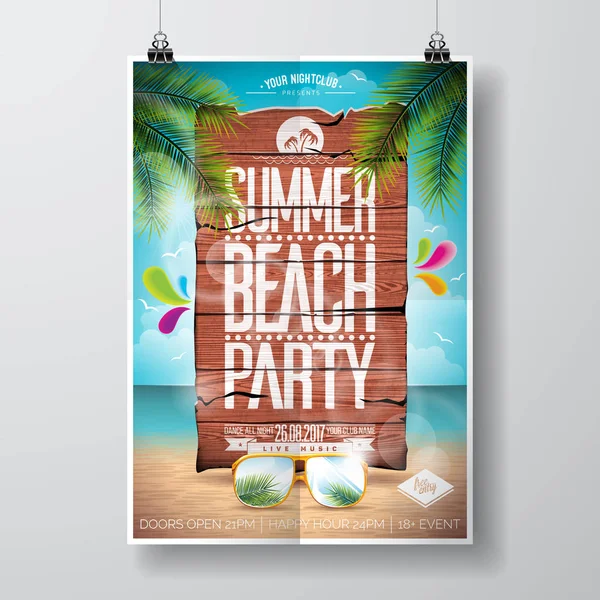 Vector Summer Beach Party Flyer Diseño con elementos tipográficos sobre fondo de textura de madera. Naturaleza de verano elementos florales y gafas de sol . — Vector de stock
