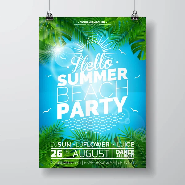 Vector Summer Beach Party Flyer Design con disegno tipografico su sfondo naturale con palme . — Vettoriale Stock