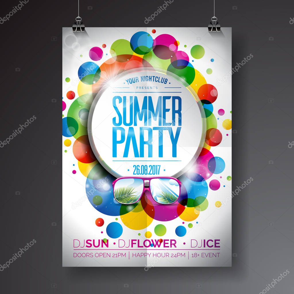 Vector Summer Party Flyer Design with typographic design on abstract color circles background.