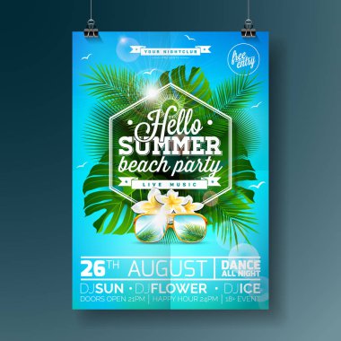 Vektör yaz plaj partisi el ilanı tasarımı palmiye ağaçları ve güneş gözlüğü ile doğa arka plan üzerinde baskı tasarım ile.