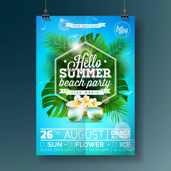 Vector Summer Beach Party Flyer Design con disegno tipografico su sfondo naturale con palme e occhiali da sole . — Vettoriale Stock