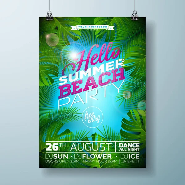 Vector sommaren Beach Party Flyer Design med typografiska design på natur bakgrund med palm lämnar. — Stock vektor