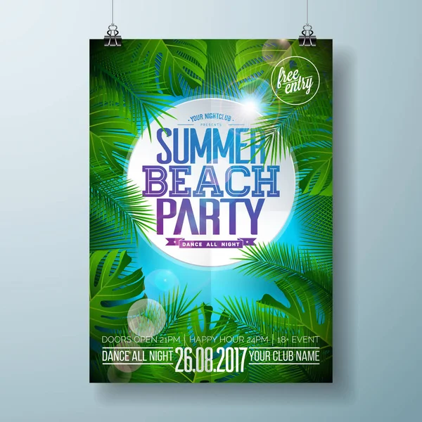 Vector Summer Beach Party Flyer Design with typographic design on nature background with palm leaves. — Stock Vector