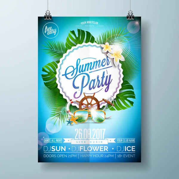 Vector Summer Beach Party Flyer Design avec design typographique sur fond nature avec palmiers et lunettes de soleil . — Image vectorielle