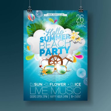 Vektör yaz plaj partisi el ilanı tasarımı ile bulut ve hava balon doğa zemin üzerine baskı tasarım.