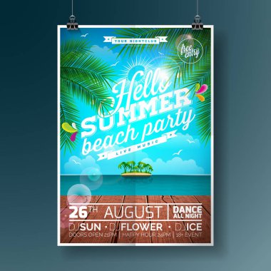 Tipografik öğelerin ve palmiye ağacı okyanus manzara arka plan üzerinde vektör yaz plaj partisi el ilanı tasarımı.