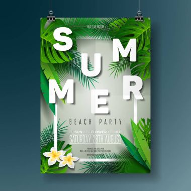 Vektör yaz plaj partisi el ilanı illüstrasyon palm doğa zemin üzerine baskı tasarım ile yaprakları.