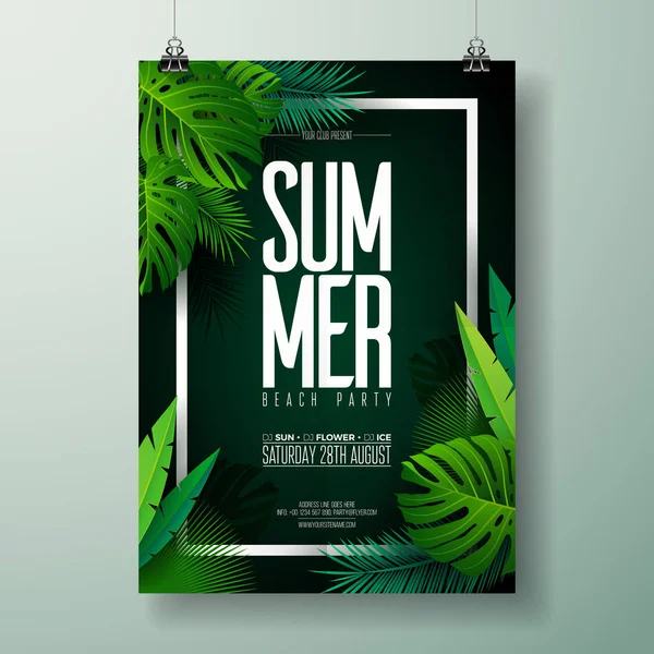 Vector Summer Beach Party Flyer Illustrazione con disegno tipografico su sfondo naturale con foglie di palma . — Vettoriale Stock